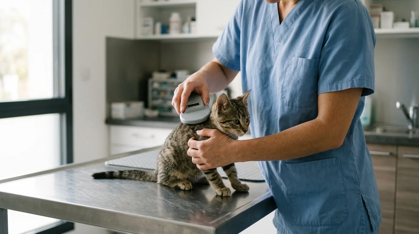 Vétérinaire lisant la puce d’un chaton tigré en clinique, geste au cœur du règlement européen chiens et chats