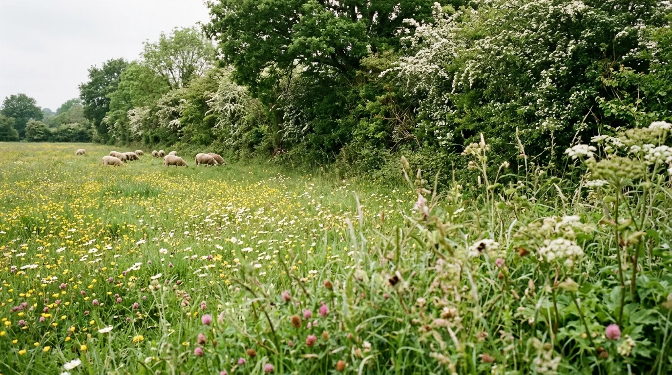 Haie bocagère fleurie en bordure de prairie pâturée, un levier de la restauration de la nature à la campagne