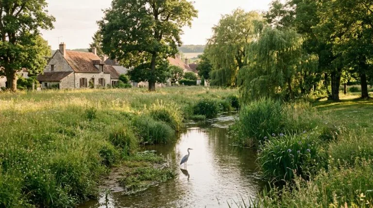 Rivière aux berges naturelles traversant un parc de village, avec un héron cendré