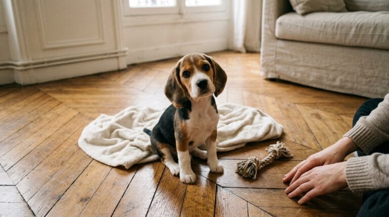 Un chiot beagle assis sur une couverture dans un séjour, une main posée près de lui sur le parquet