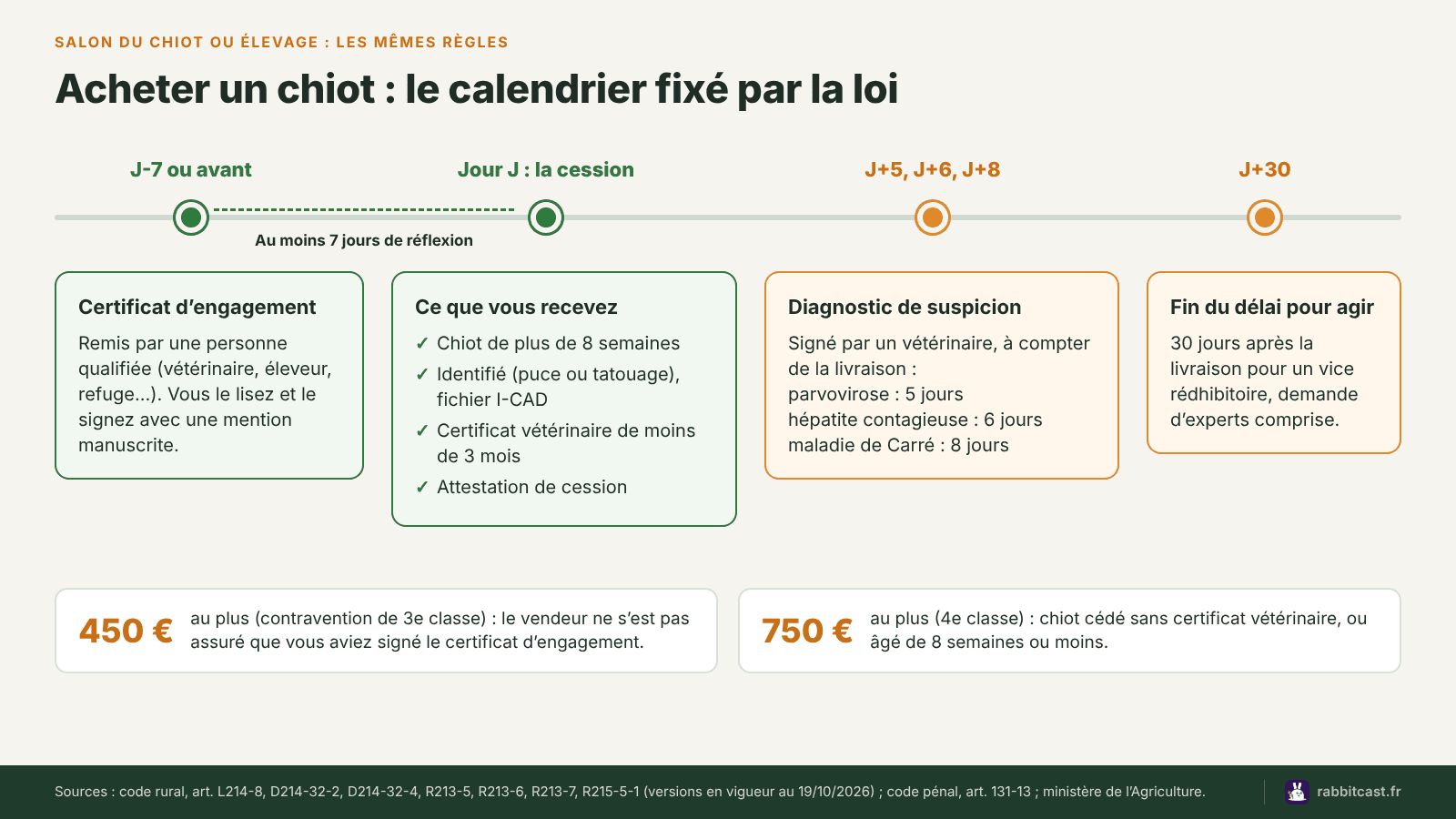 Calendrier légal d’un achat de chiot : certificat remis au moins 7 jours avant la cession, documents du jour J, délais de recours de 5, 6, 8 et 30 jours