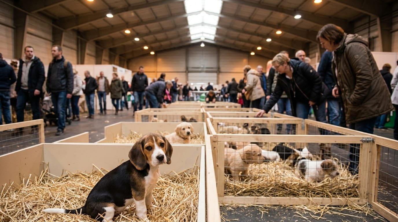 Chiots dans des enclos lors d’un salon du chiot, observés par des visiteurs