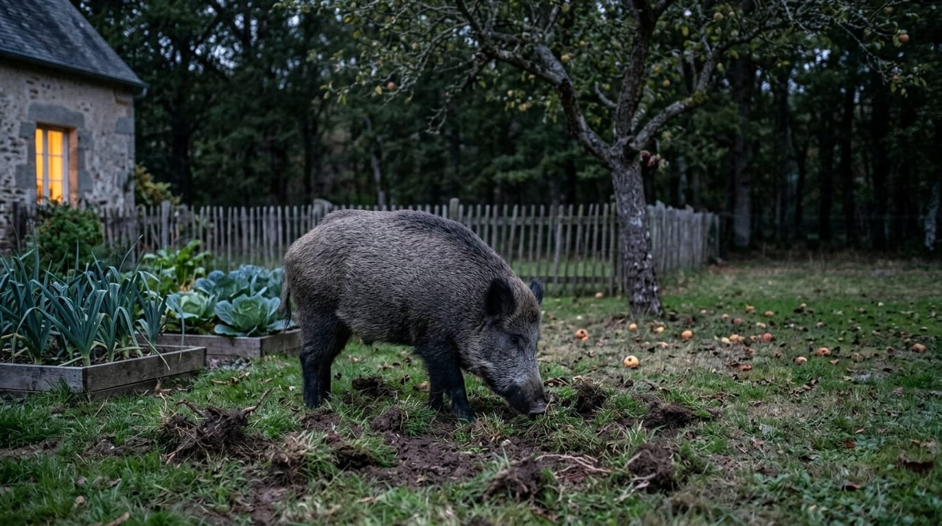Sanglier dans le jardin, en train de retourner la pelouse au bord d’un potager à la tombée de la nuit
