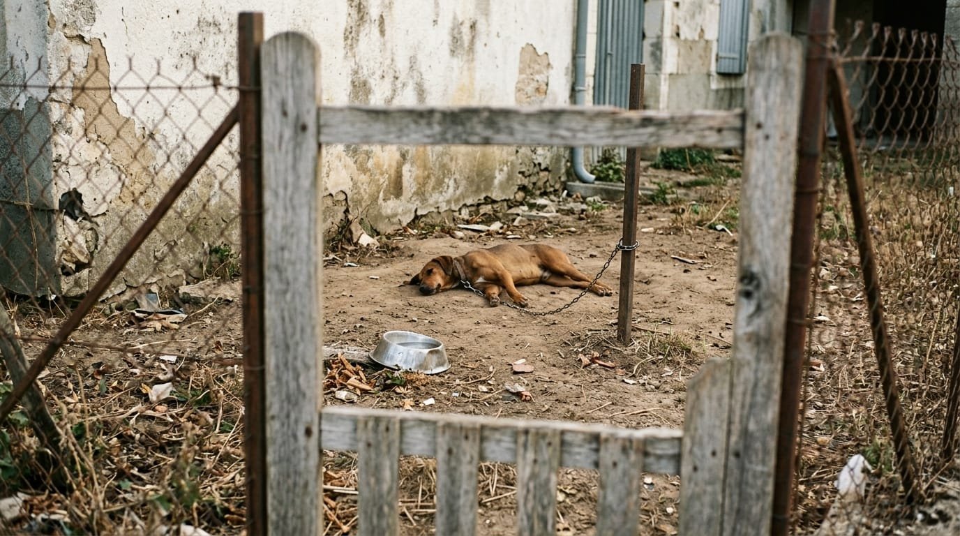 Signaler maltraitance animale : chien maigre attaché par une chaîne à un piquet dans une cour en terre, gamelle en métal au sol, vu depuis la rue à travers un portail en bois
