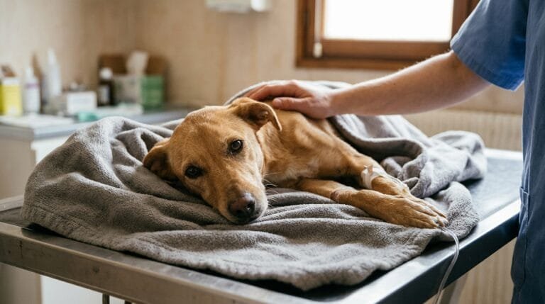 Chienne très maigre couchée sous une couverture grise sur une table de clinique vétérinaire, perfusion à la patte, la main d’une soignante posée sur son épaule