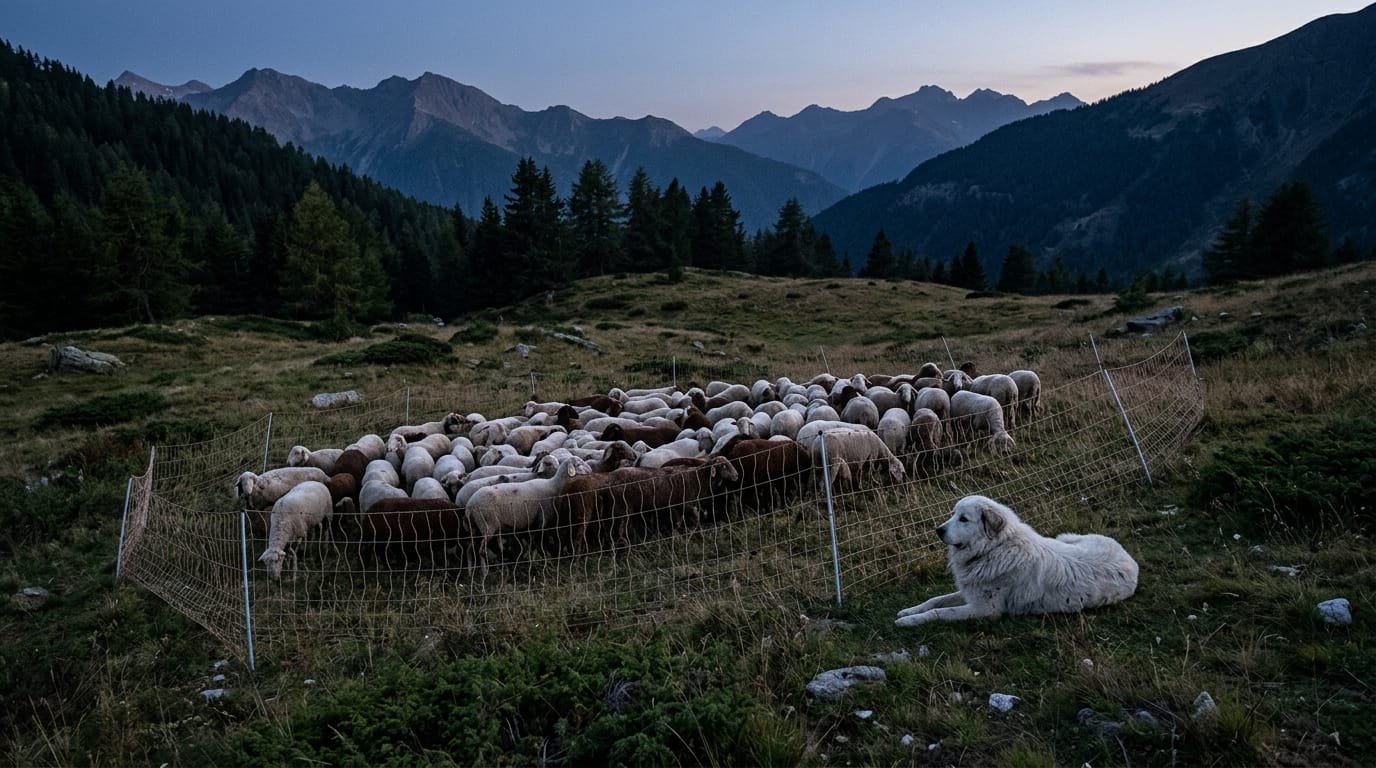 Troupeau de brebis regroupé au crépuscule près d’un parc électrifié, sous la garde d’un chien de protection