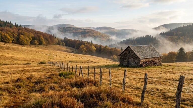 Cabane de berger en pierre et clôture en moyenne montagne, troupeau au loin dans la brume