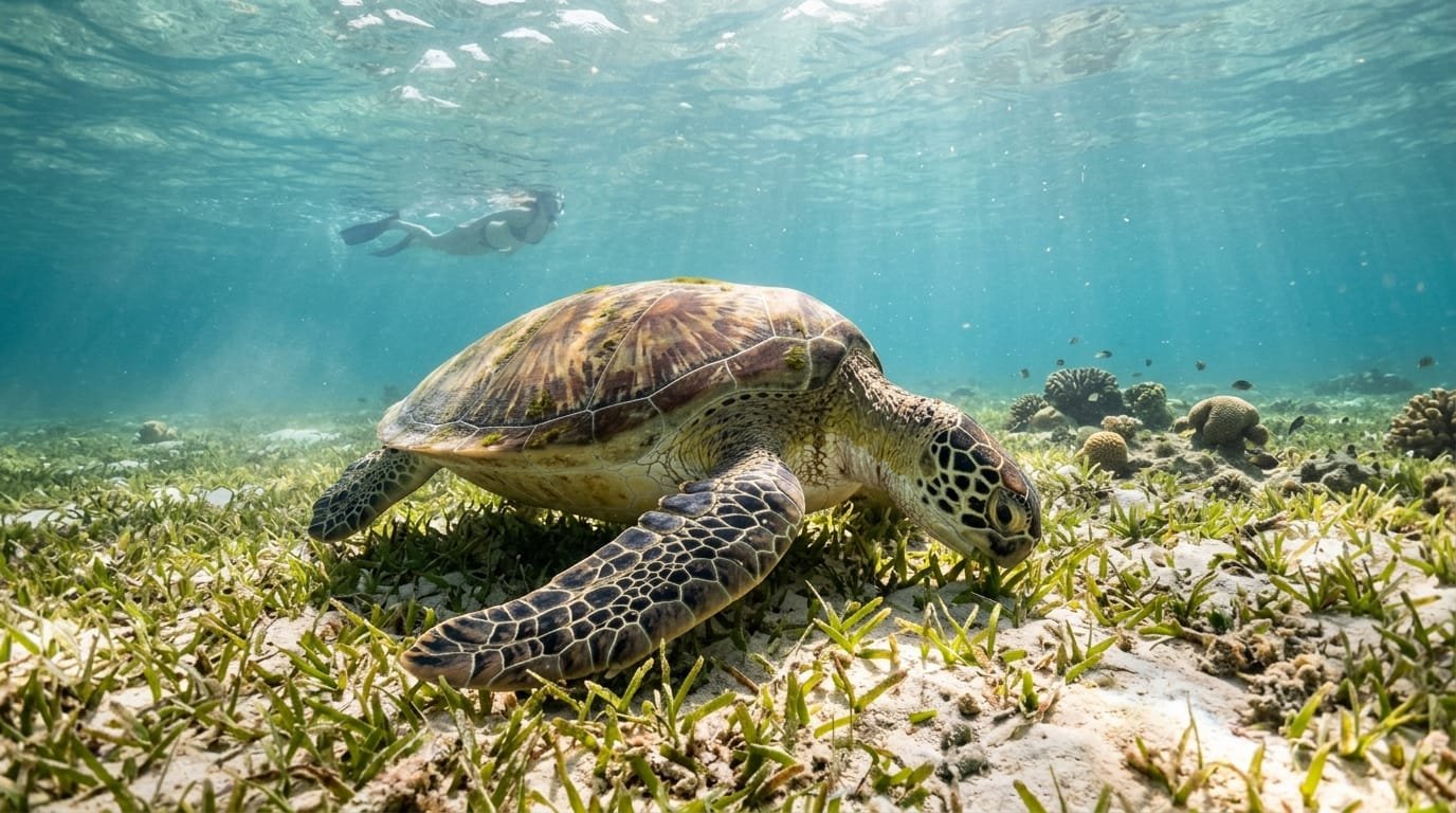 Tortue verte broutant un herbier dans un lagon tropical, un nageur à bonne distance en arrière-plan