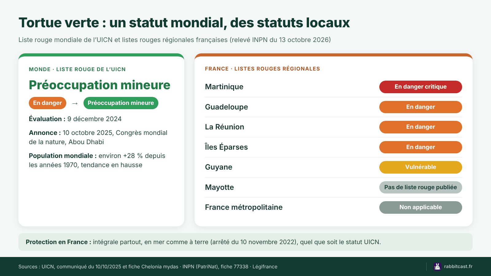 Comparatif des statuts de la tortue verte : préoccupation mineure dans le monde, en danger critique, en danger ou vulnérable selon les outre-mer français