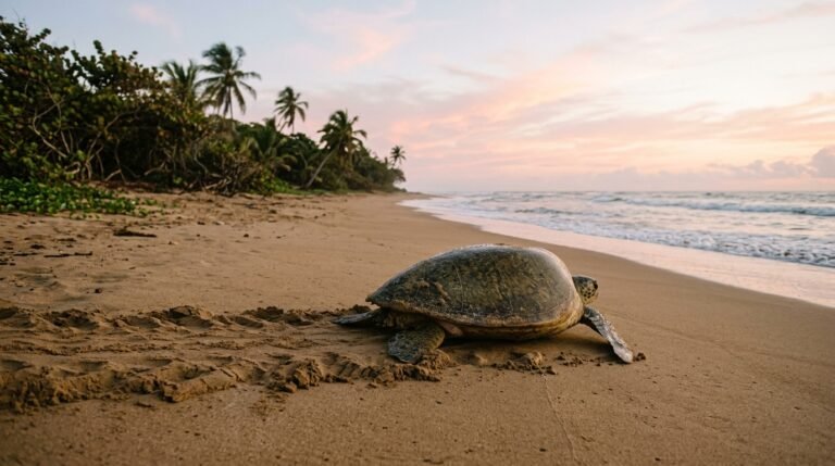 Tortue verte qui regagne la mer à l’aube après la ponte
