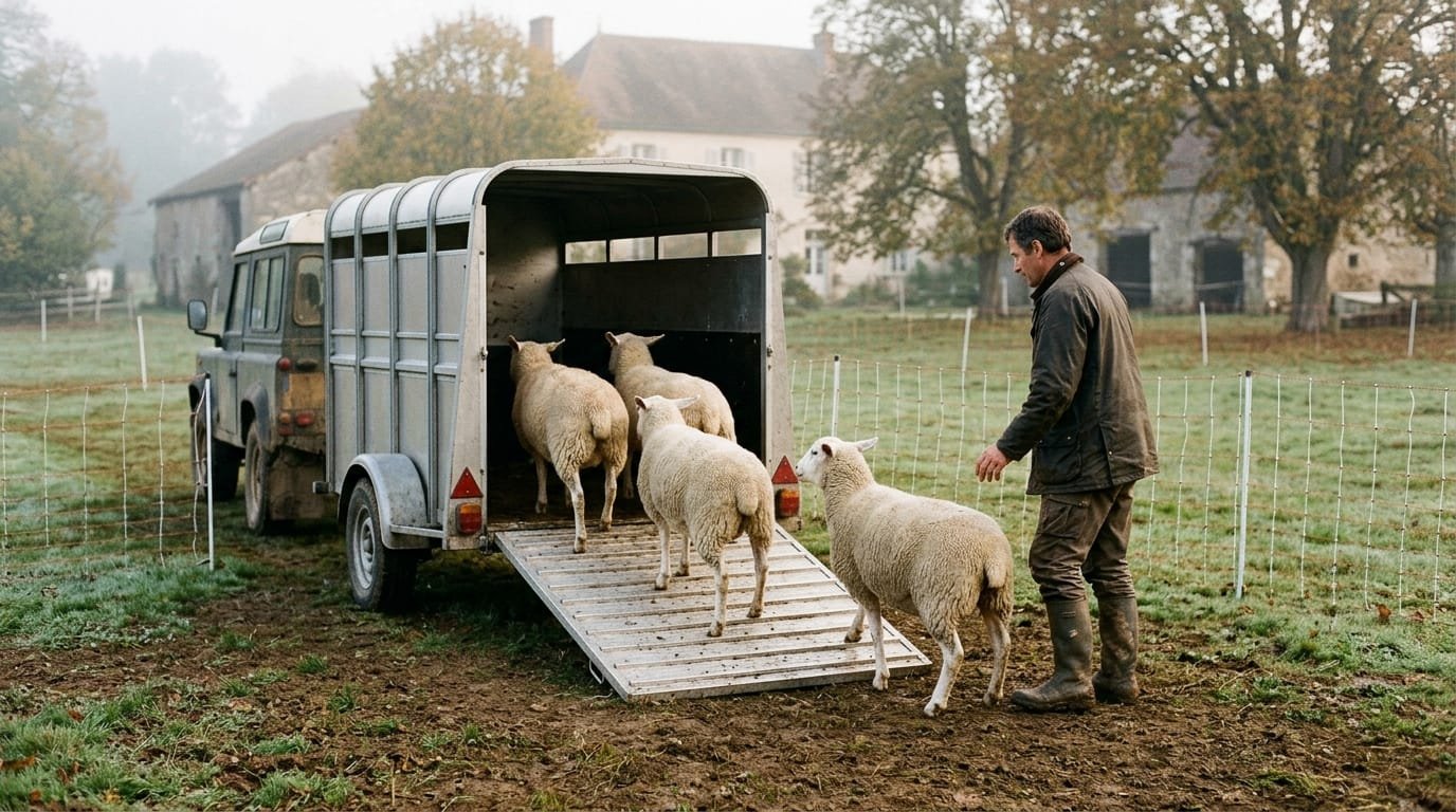 Transport des moutons : un éleveur fait monter quatre brebis par la rampe d’une bétaillère