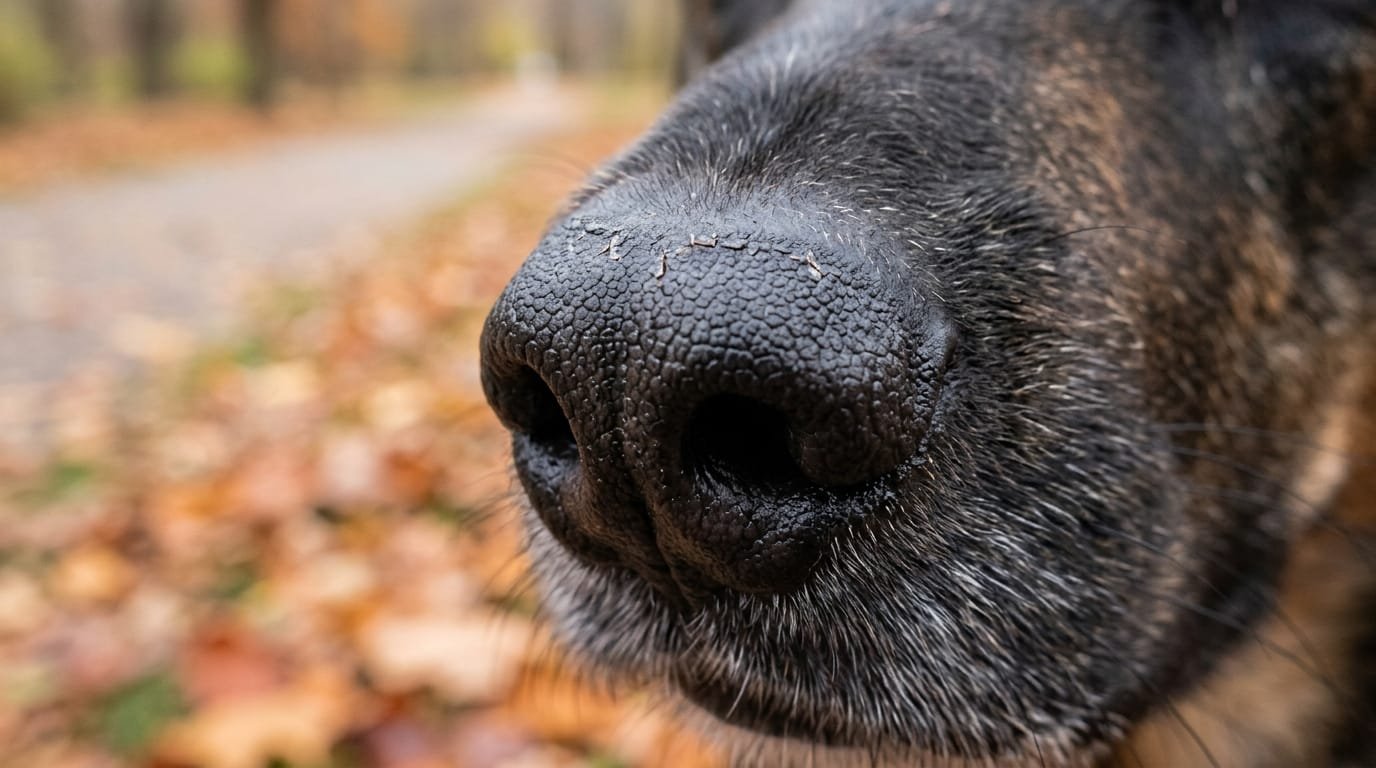Truffe sèche chien en gros plan, légèrement craquelée après une promenade dans le froid