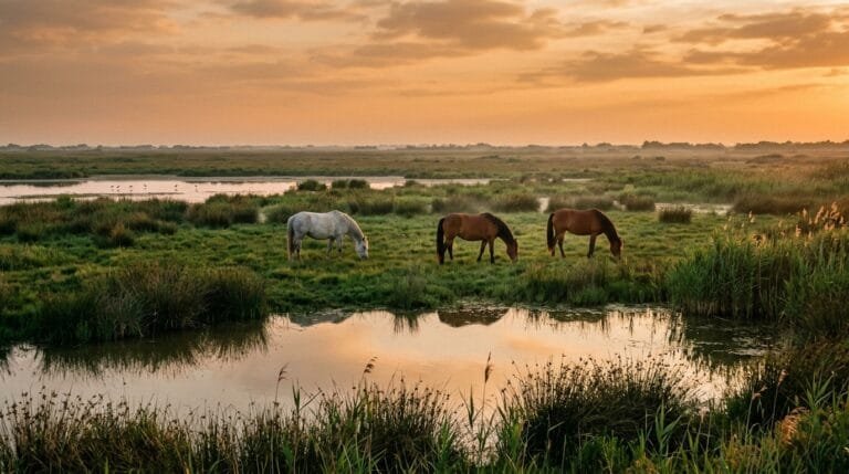 Trois chevaux broutent au coucher du soleil près d’un étang de Camargue, zone humide propice aux moustiques