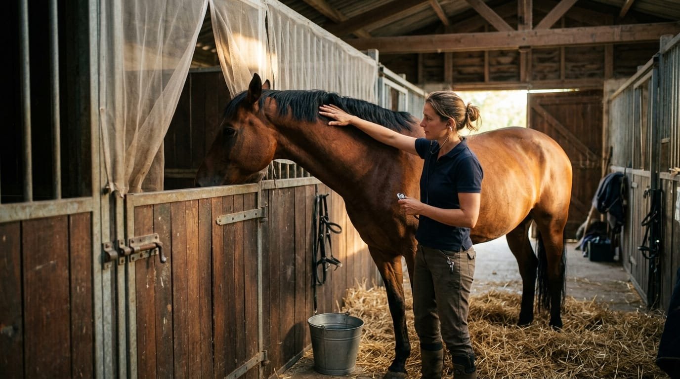 Suspicion de virus du Nil occidental : cheval examiné au stéthoscope par une vétérinaire dans une écurie équipée de moustiquaires