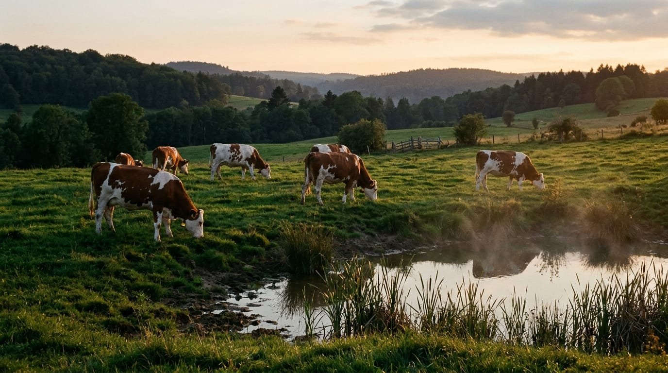 Vaches laitières au pré près d’une mare au crépuscule, l’heure où les culicoïdes qui transmettent le virus Shamonda sont les plus actifs