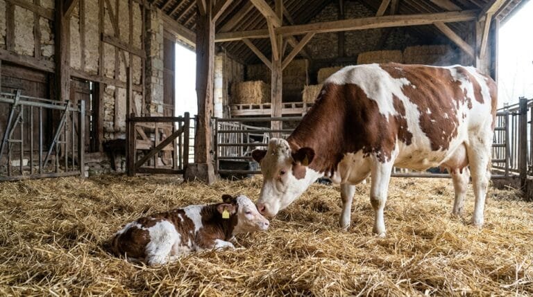 Vache pie rouge flairant son veau nouveau-né couché dans la paille d’une étable en pierre