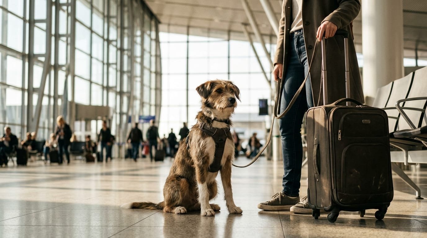 Voyager avec son chien à l’étranger : chien en harnais tenu en laisse près d’une valise dans le hall d’un aéroport