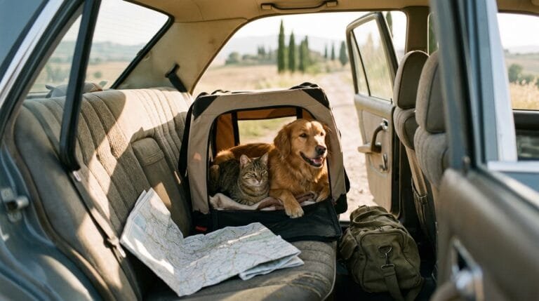 Chien et chat installés dans une caisse de transport sur la banquette arrière d’une voiture, prêts pour un voyage